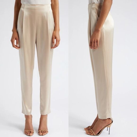 Alice + Olivia NWT Jessie Satin Slim Tapered Leg Pants in Sand Champagne Glam, 4 - Picture 1 of 13
